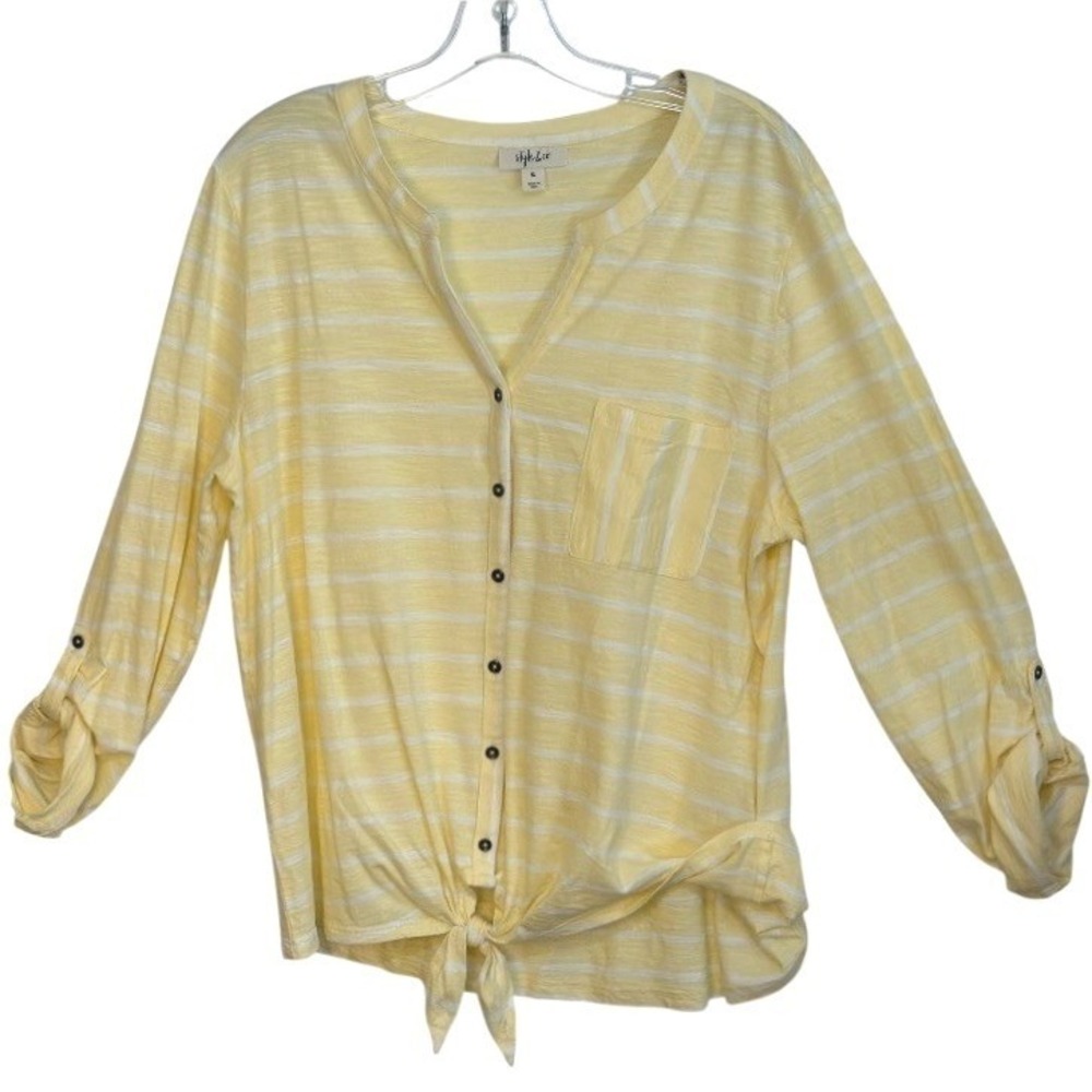 Style & Co Womens Top Yellow White Stripe‎ Roll Tab Sleeve Nautical Beachy XL